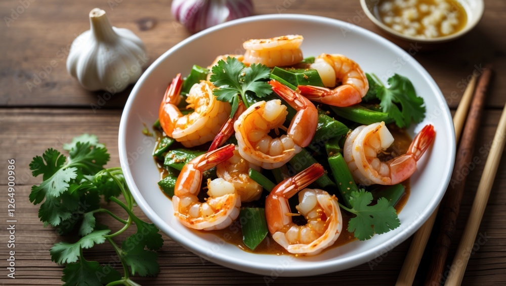 Shrimp stir-fry with vegetables and herbs on a wooden table with garlic and chopsticks in the background Copy Space Shrimp stir-fry with vegetables and herbs on a wooden table with garlic and chopsticks in the background Copy Space