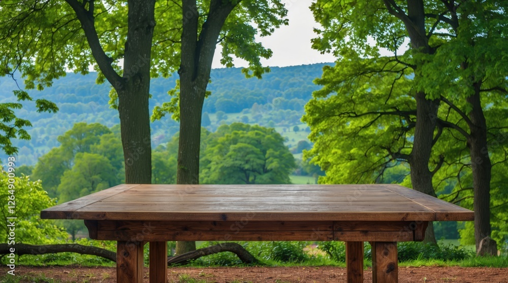Wooden table in a green forest setting with trees and hills in the background Copy Space Wooden table in a green forest setting with trees and hills in the background Copy Space