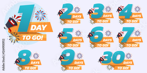 Days To Go Countdown banner template design. 1, 2, 3, 4, 5, 6, 7, 8, 9, 10, 20, 30 days left countdown icon. vector	
