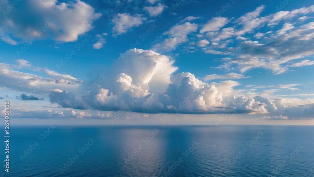 Obraz premium Vast blue ocean under a bright sky with fluffy clouds reflecting on the water surface peaceful landscape nature scene Copy Space