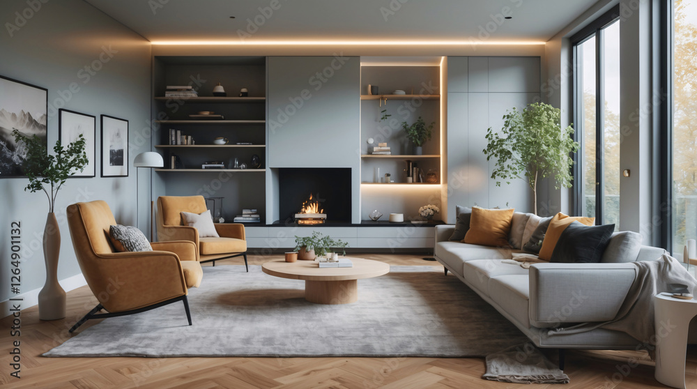 Fototapeta premium Stylish Scandinavian living room with neutral gray couch minimalist decor and clean lines creating a calm and modern home environment Modern Interior Design Inspiration