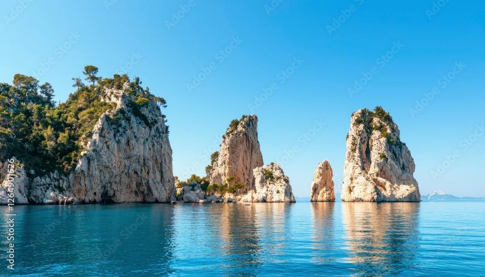 Rocks rising from the water in Cassis, France, under a clear sky for travel ads Rocks rising from the water in Cassis, France, under a clear sky for travel ads