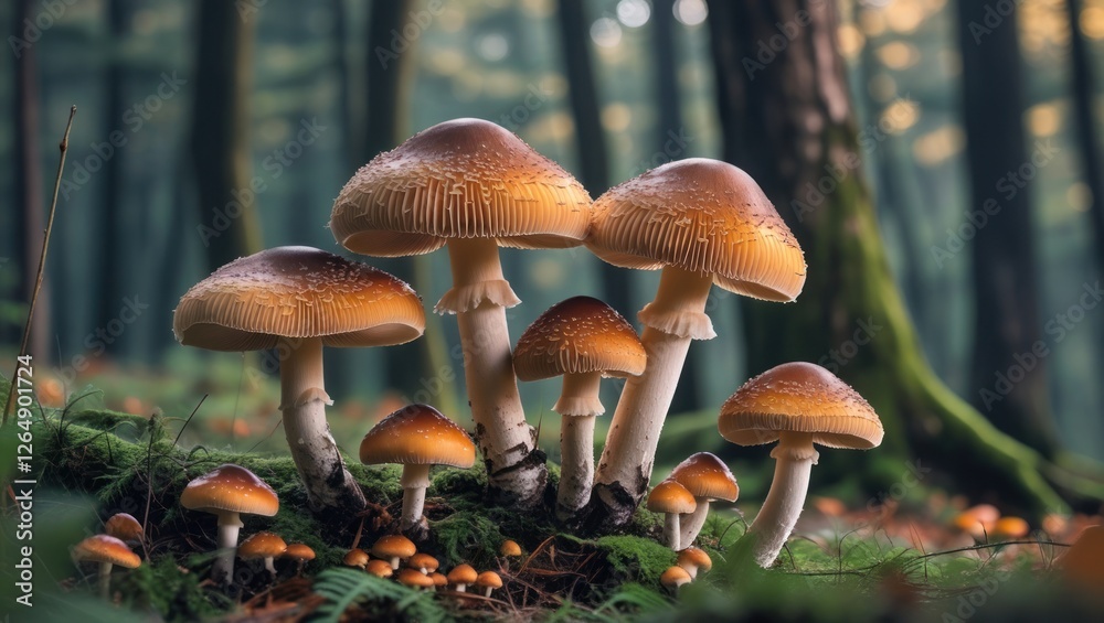Fototapeta premium Mushroom cluster in a forest with soft focus background and natural light showcasing details of caps and gills Copy Space