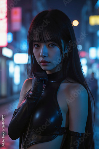 A young Asian woman with long black hair, wearing a form-fitting black latex outfit and black gloves. She is standing in a city street illuminated by neon lights photo