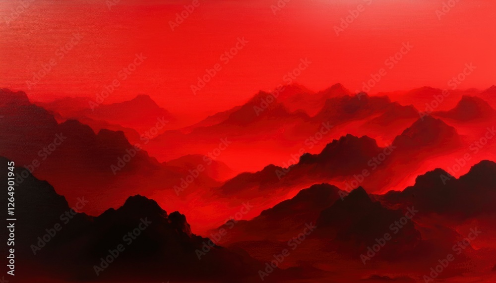 Obraz premium Red mountains are covered with fog at sunset. Beautiful backdrop for inspiration