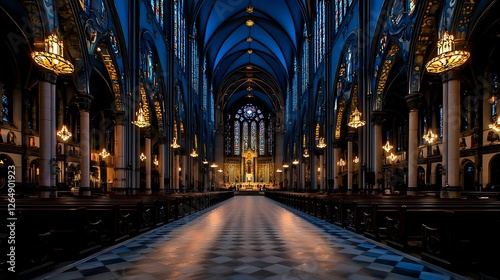 Dark Church Interior With Illuminated Aisle