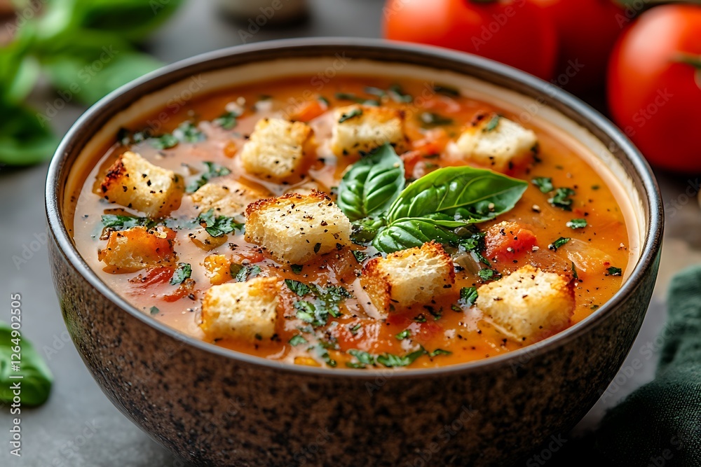 A warm bowl of tomato soup garnished with croutons and fresh basil, surrounded by ripe tomatoes A warm bowl of tomato soup garnished with croutons and fresh basil, surrounded by ripe tomatoes