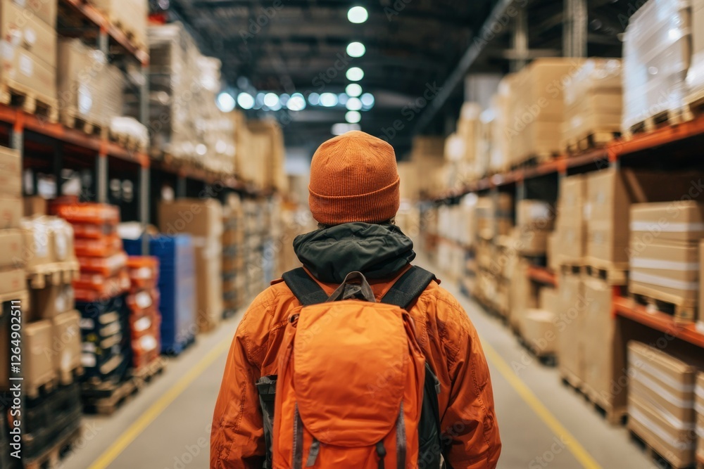 Worker walks in warehouse checking inventory for shipment or supply chain issues Worker walks in warehouse checking inventory for shipment or supply chain issues
