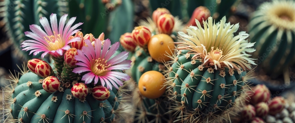 Colorful flowering cacti with pink and yellow blooms alongside orange fruit in a natural setting displaying diverse textures and shapes Copy Space Colorful flowering cacti with pink and yellow blooms alongside orange fruit in a natural setting displaying diverse textures and shapes Copy Space
