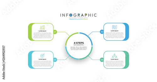 4 Steps Square Infographic Four square or slightly rounded rectangle elements branch out from the central circle, each representing a single step in the process.