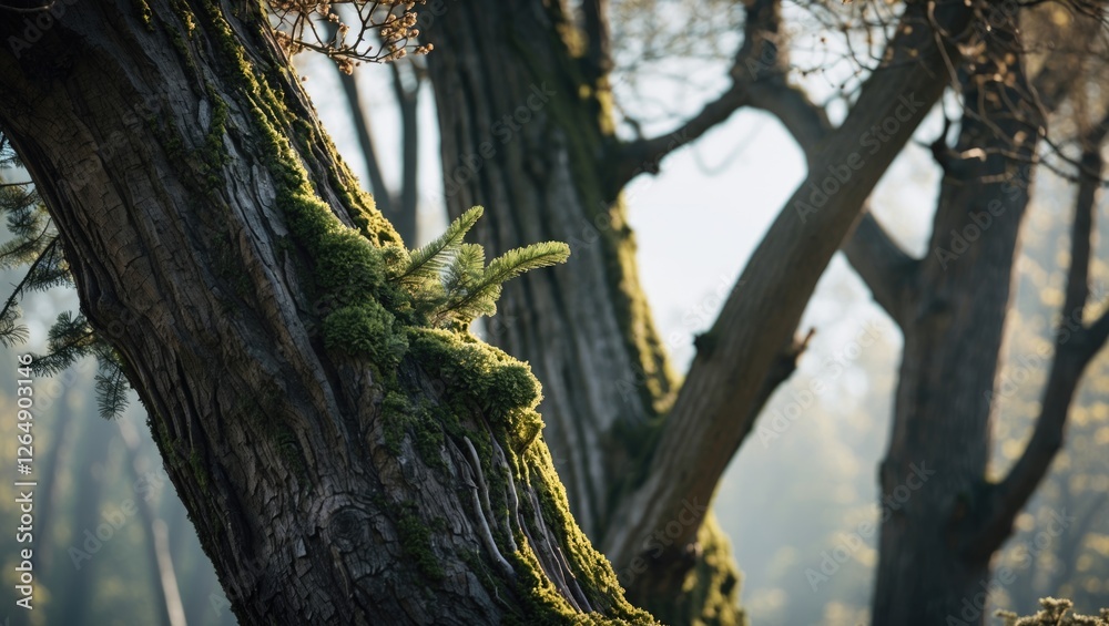 Close-up of moss-covered tree bark with ferns in a forest setting natural light and soft focus on background Copy Space Close-up of moss-covered tree bark with ferns in a forest setting natural light and soft focus on background Copy Space