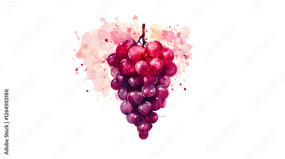 Fototapeta premium Watercolor painting of red grapes with pink and white splatter background. Transparent background