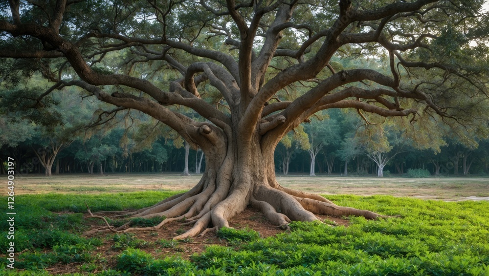 Large gnarled tree with extensive roots in a grassy field surrounded by other trees during daytime with soft sunlight and greenery Copy Space Large gnarled tree with extensive roots in a grassy field surrounded by other trees during daytime with soft sunlight and greenery Copy Space