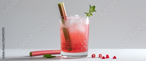 Rhubarb cocktail with ice and mint garnish in a glass with a cut rhubarb stick and decorative red pieces on a white background Copy Space photo