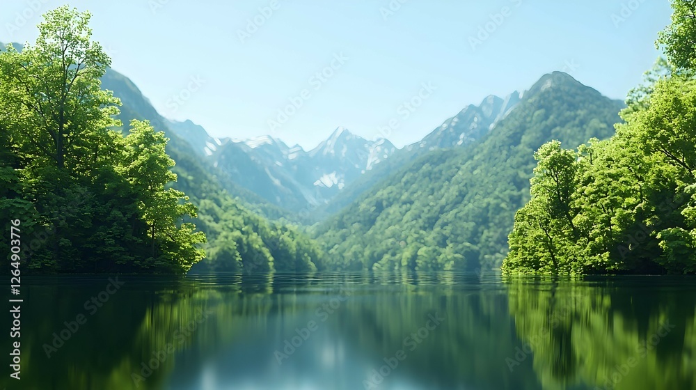 Serene Mountain Lake Landscape with Lush Green Trees Serene Mountain Lake Landscape with Lush Green Trees