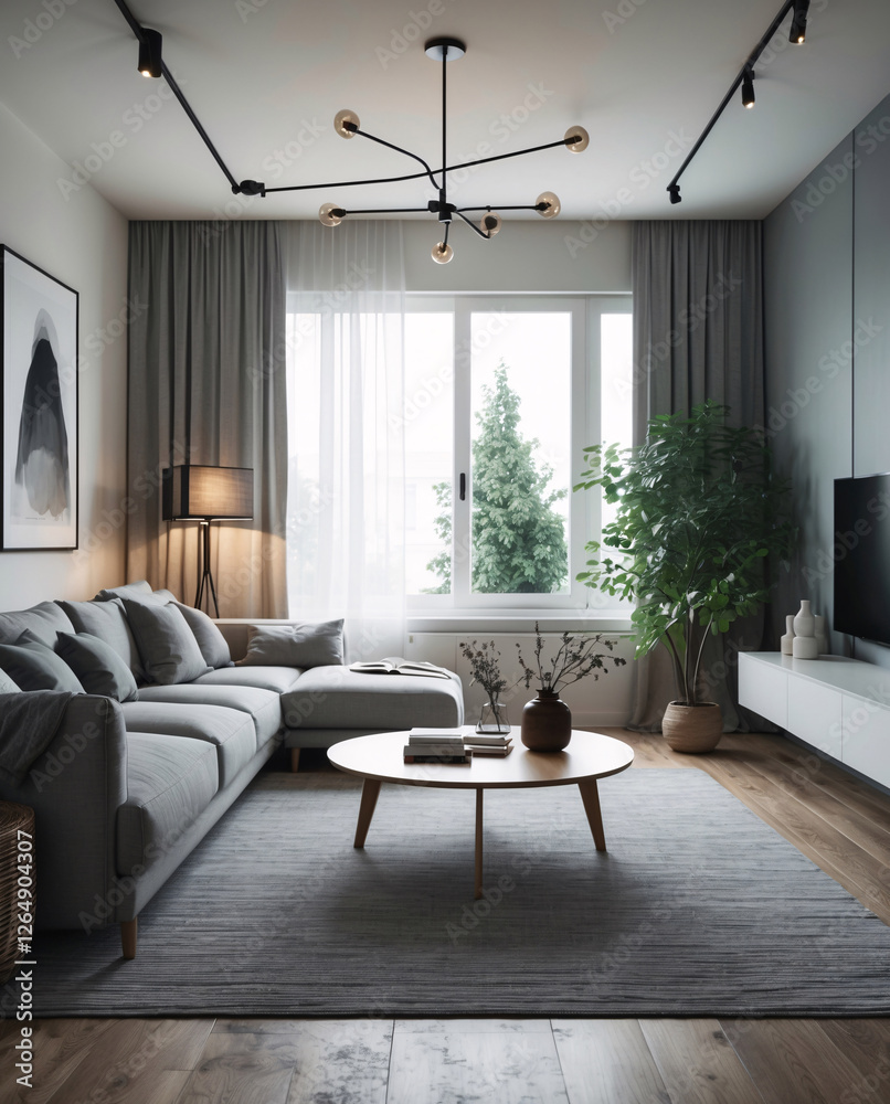 Fototapeta premium Clean and modern Scandinavian living room design with a neutral gray couch minimalist decor and functional space for relaxation Modern Interior Design Inspiration