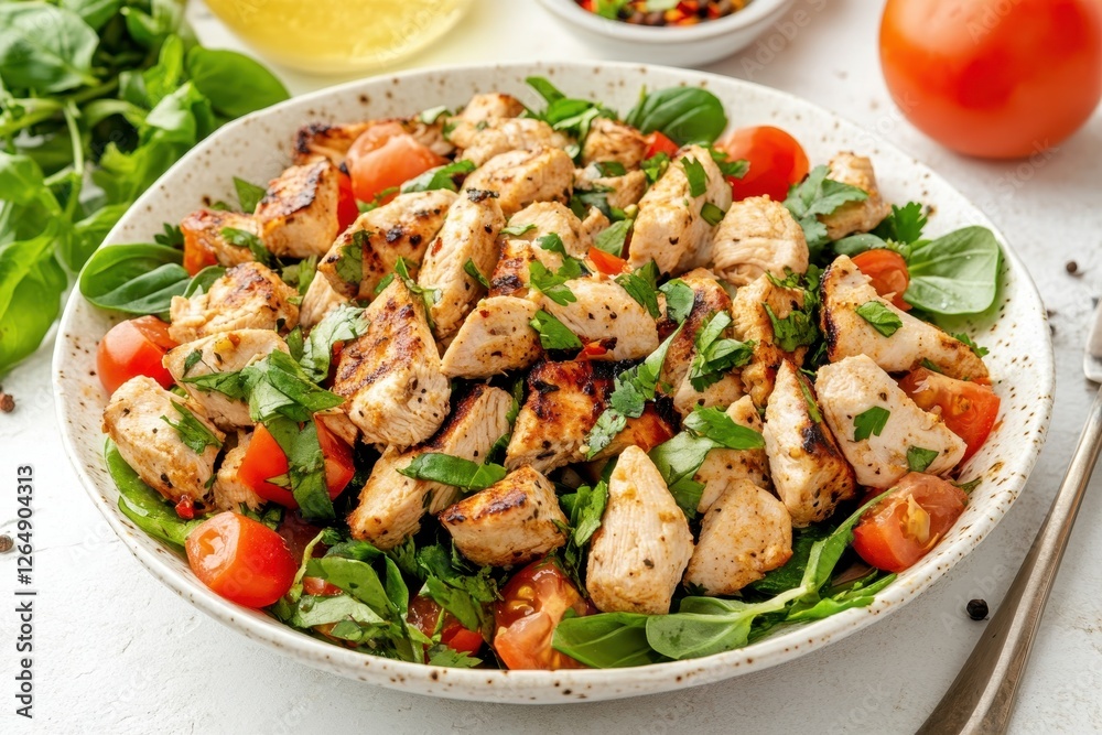 Grilled Chicken Salad with Tomatoes and Fresh Herbs on Plate Grilled Chicken Salad with Tomatoes and Fresh Herbs on Plate