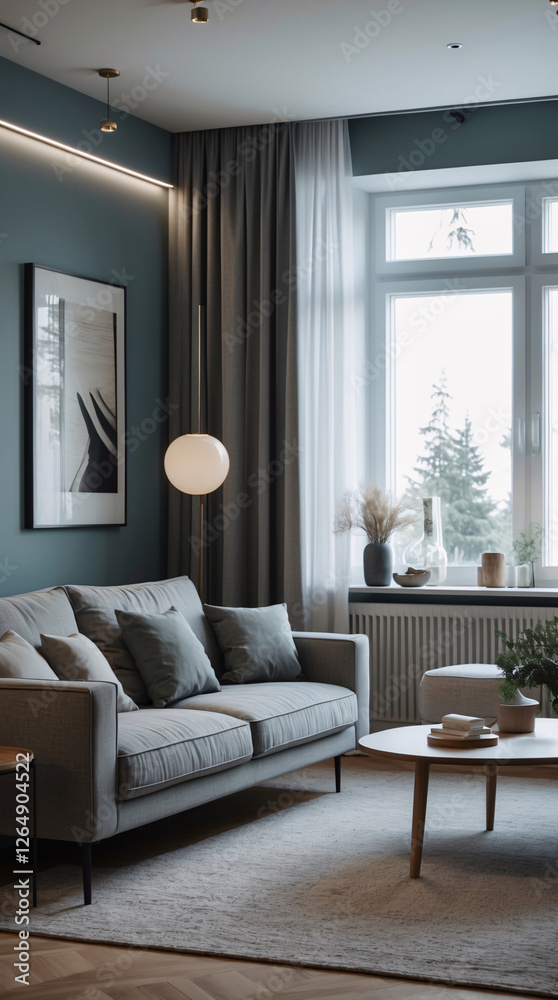 Fototapeta premium Clean Scandinavian living room design with neutral gray couch minimalist furniture and bright natural light for a spacious vibe Modern Interior Design Inspiration