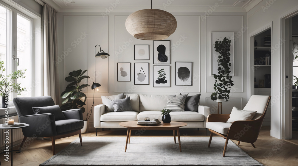 Fototapeta premium Contemporary Scandinavian living room with neutral gray couch and minimalist touches creating a stylish yet practical home space Modern Interior Design Inspiration