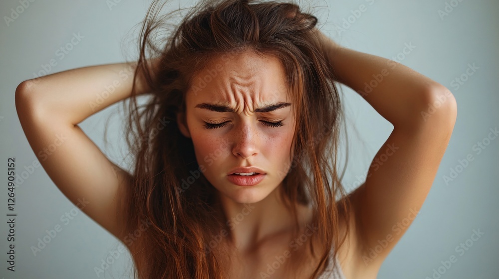 Young Woman Holding Her Messy Hair Feeling Stressed Young Woman Holding Her Messy Hair Feeling Stressed
