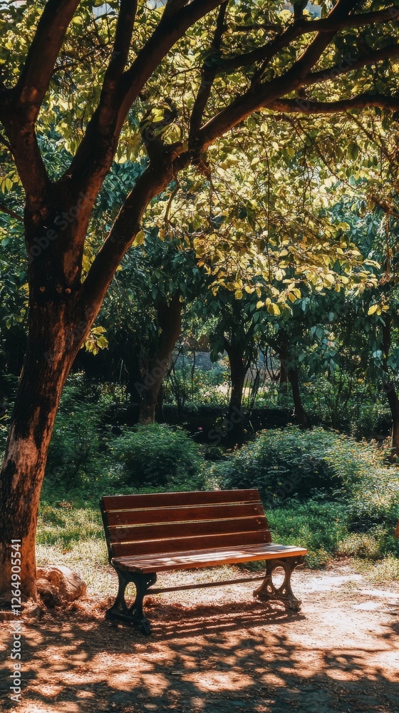 Serene Park Bench Underneath Lush Trees Serene Park Bench Underneath Lush Trees