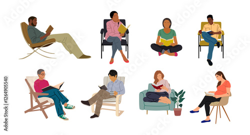 Set of different people, multiracial men, women reading book, sitting on chair, lying on sofa, standing, pregnant woman. Book loving concept. Cartoon vector characters on transparent background.