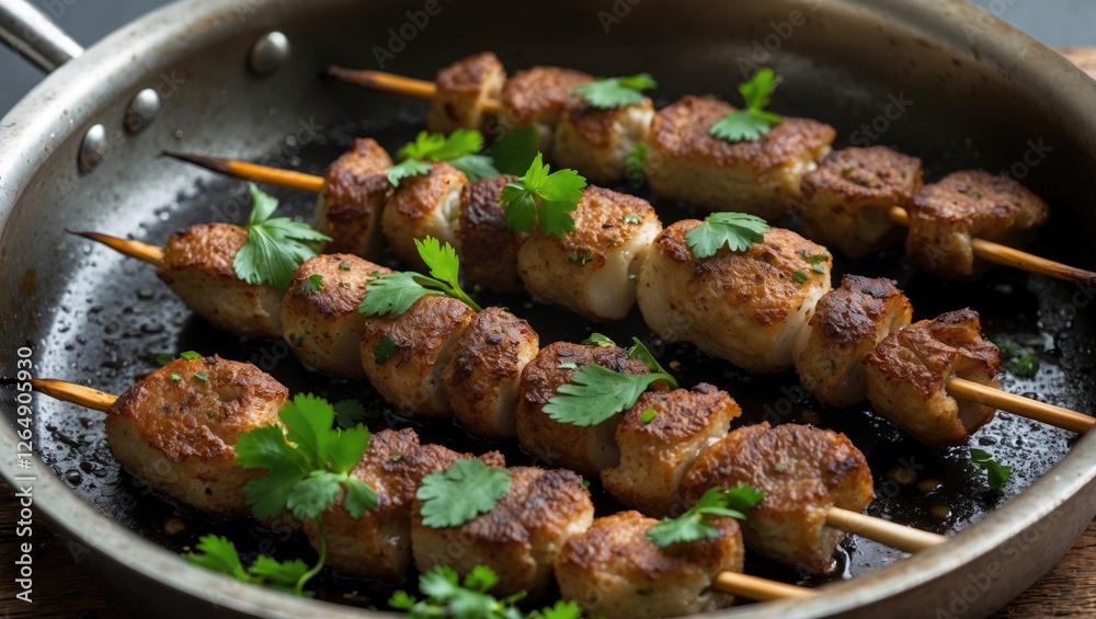 Grilled meat skewers garnished with fresh cilantro in a stainless steel pan on a dark background with Copy Space Grilled meat skewers garnished with fresh cilantro in a stainless steel pan on a dark background with Copy Space