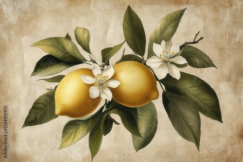 vintage botanical illustration of citrus branches with golden lemons, delicate white blossoms, and detailed leaves on aged parchment, soft sepia tones, scientific accuracy