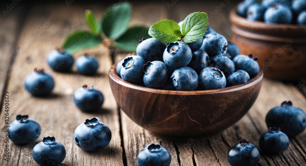 Fresh blueberries in wooden bowl surrounded by scattered berries on rustic wooden table with green leaves, Copy Space Fresh blueberries in wooden bowl surrounded by scattered berries on rustic wooden table with green leaves, Copy Space