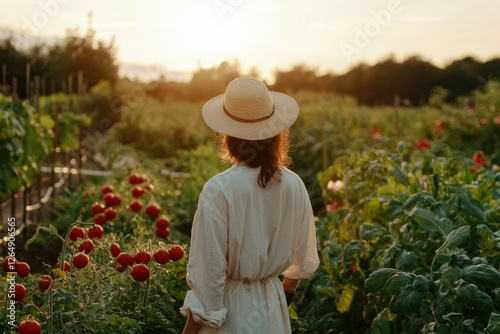 Woman walking through a vegetable garden at sunset. Agriculture, organic life