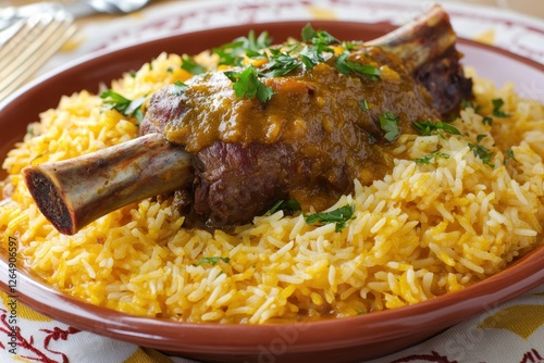 Delicious Lamb Shank Served Over Flavorful Yellow Rice Garnished