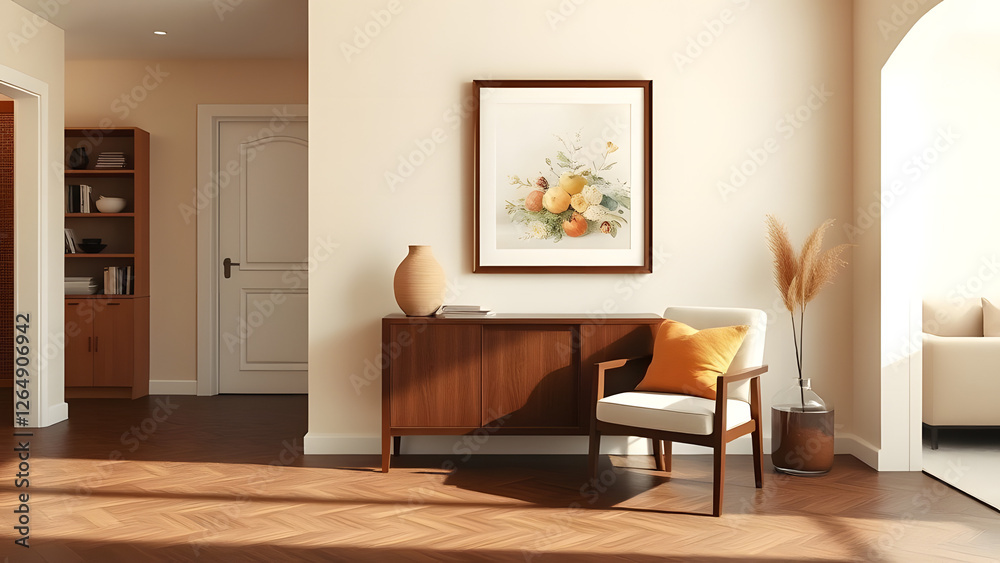 Fototapeta premium This interior room showcases luxury home design with a wood table and chairs in the dining area