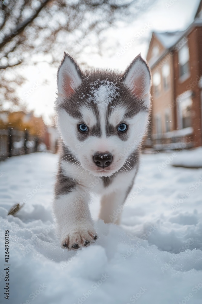 Siberian Husky puppy jumping and running in the snow in a winter field, Generative AI, Siberian Husky puppy jumping and running in the snow in a winter field, Generative AI,