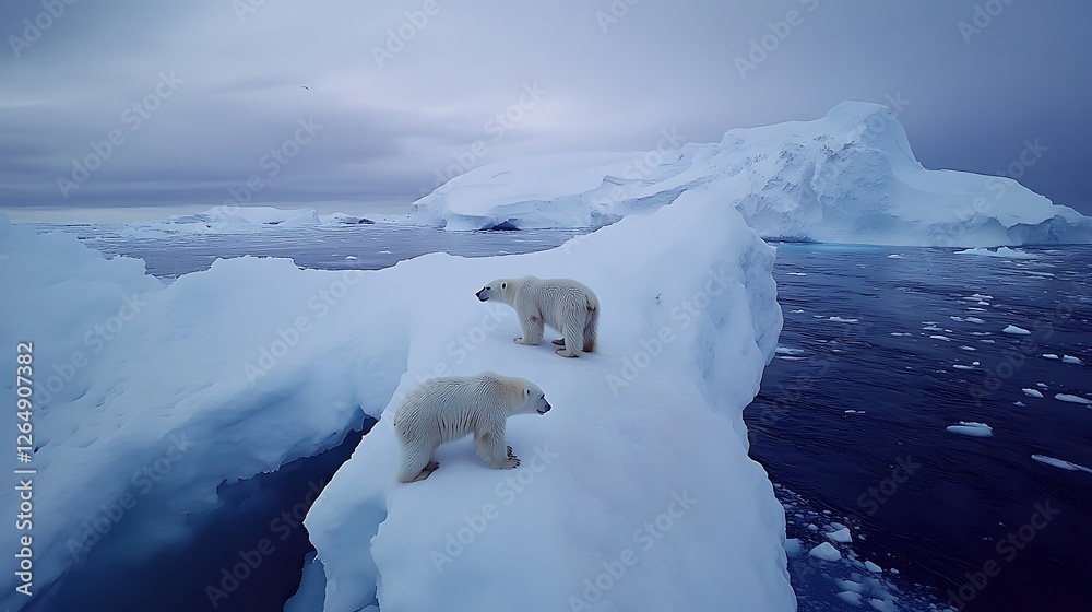 Polar Bears on Iceberg: Arctic Wildlife in a Frozen Landscape Scene Polar Bears on Iceberg: Arctic Wildlife in a Frozen Landscape Scene