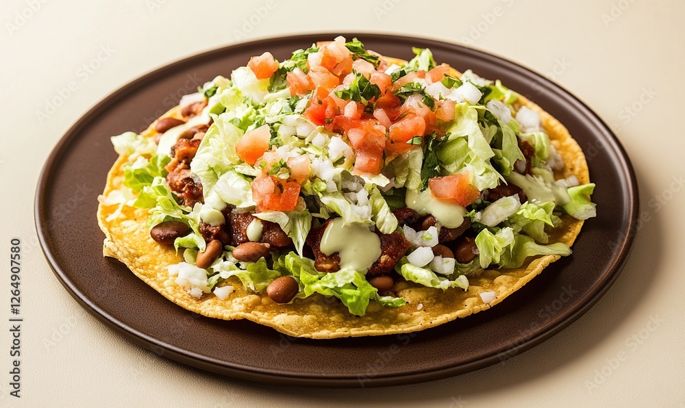 Crispy tostadas topped with beans, lettuce, and fresh salsa Crispy tostadas topped with beans, lettuce, and fresh salsa