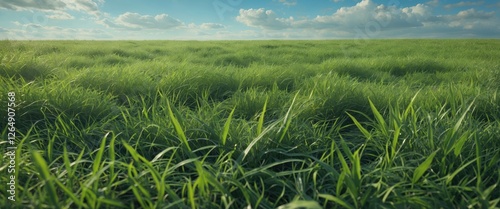 Lush green grass field under a bright blue sky with fluffy clouds in the background Copy Space photo