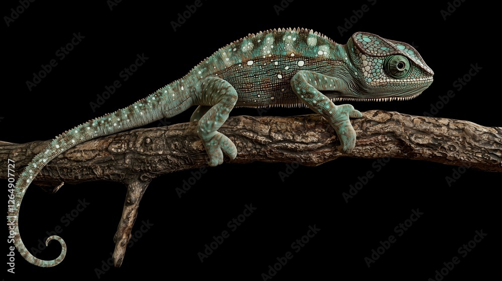 Naklejka premium Photorealistic image of a chameleon on a branch with vibrant colors and detailed scales, blending into its surroundings 