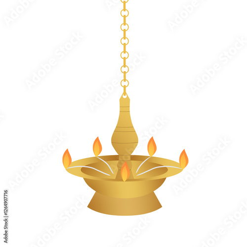 Traditional Kerala Hanging Brass Lamp (Thooku Vilakku) with lit flames isolated on transparent background, png image. It used for vishu, onam and other indian festivals