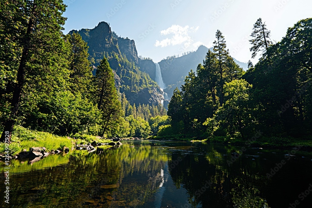 Fototapeta premium Yosemite Valley river reflects trees and mountains with waterfalls, scenic use