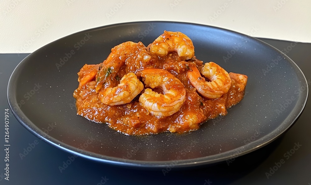 Spicy shrimp cooked in rich red sauce on a smooth black plate Spicy shrimp cooked in rich red sauce on a smooth black plate