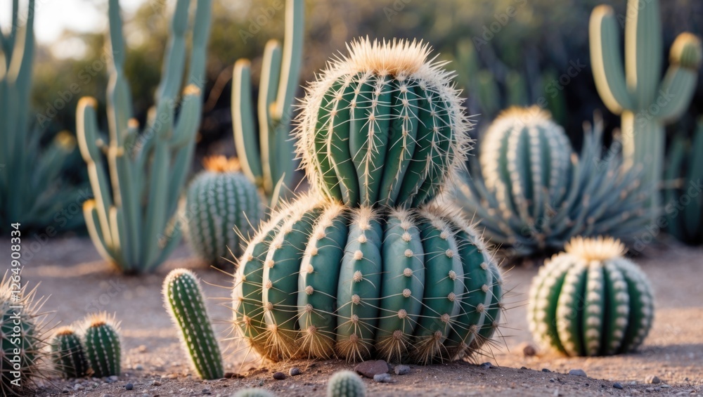 Cactus landscape with multiple species in desert setting with focus on distinctive round cactus and copy space for text Cactus landscape with multiple species in desert setting with focus on distinctive round cactus and copy space for text
