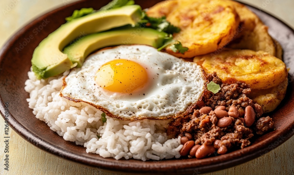 Delicious bandeja paisa served on a dark brown plate with colorful ingredients Delicious bandeja paisa served on a dark brown plate with colorful ingredients