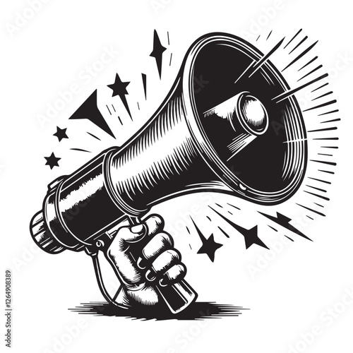 A black and white drawing of a megaphone with a speaker in the middle