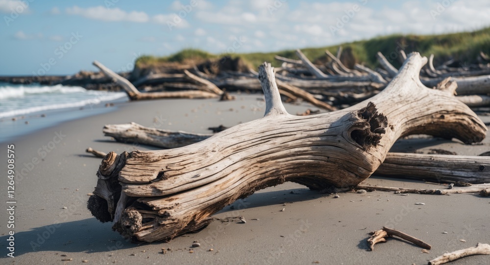 Driftwood on sandy beach with ocean waves and blue sky in background natural landscape copy space Driftwood on sandy beach with ocean waves and blue sky in background natural landscape copy space