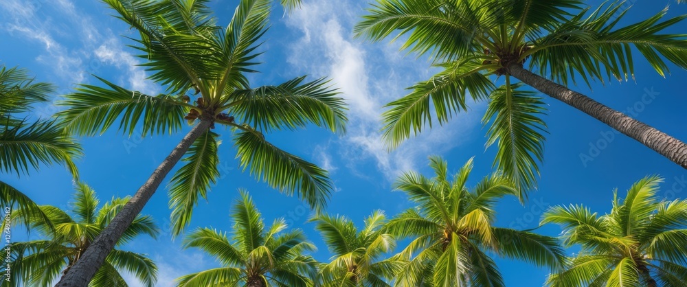 Palm trees against a bright blue sky with wispy clouds and natural sunlight Copy Space Palm trees against a bright blue sky with wispy clouds and natural sunlight Copy Space