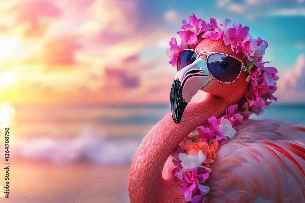 whimsical flamingo portrait wearing sunglasses and lei, lounging on tropical beach with pastel sunset, retro summer vibes