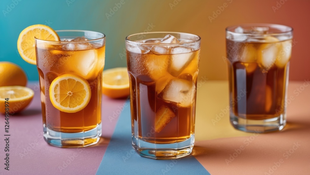 Iced tea drinks with lemon slices in glasses on a colorful background with oranges and ice cubes Copy Space Iced tea drinks with lemon slices in glasses on a colorful background with oranges and ice cubes Copy Space