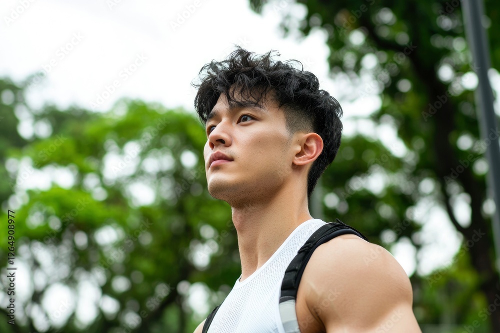 Thoughtful athletic man looking up with green foliage background for lifestyle Thoughtful athletic man looking up with green foliage background for lifestyle