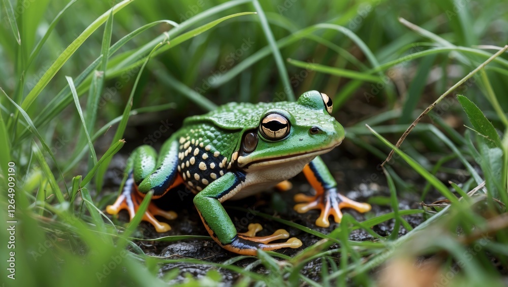 Close-up of a vibrant green frog with distinctive markings resting on a rock surrounded by lush green grass Copy Space Close-up of a vibrant green frog with distinctive markings resting on a rock surrounded by lush green grass Copy Space