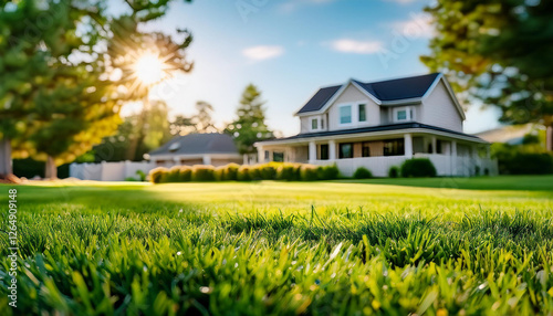 Green grass, fresh lawn with blurred house on background. Residential area. Backyard landscaping
